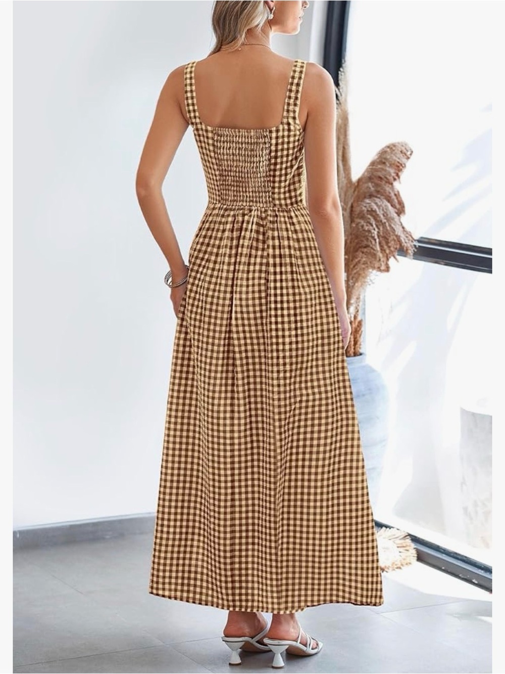 Gingham Square Neck Maxi Dress in Brown - Picture 2 of 6